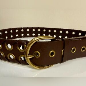 Michael Kors Womens Brown Leather Grommet Belt brass buckle logo western Y2K 40